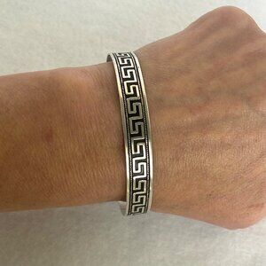 Unisex Oxidized 900 Silver Greek Key Design Oval Cuff Bracelet Size 7.5"